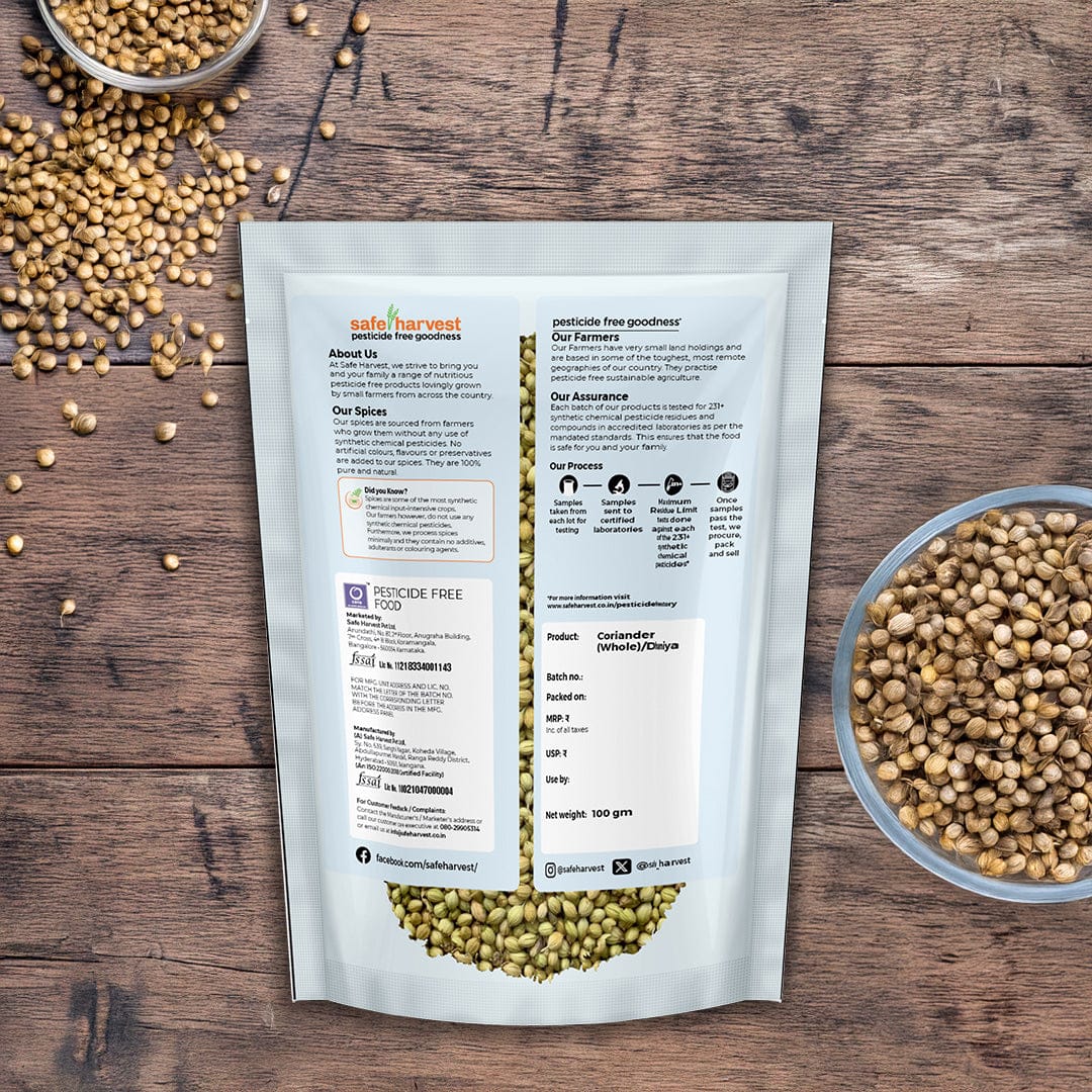 Safe Harvest pesticide-free whole coriander seeds dhaniya nutrition label and ingredient panel.