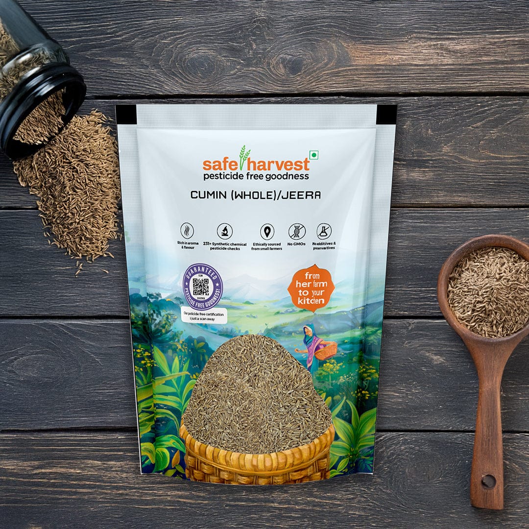 Safe Harvest whole cumin seeds jeera pack - pesticide-free, aflatoxin-free, NABL lab tested