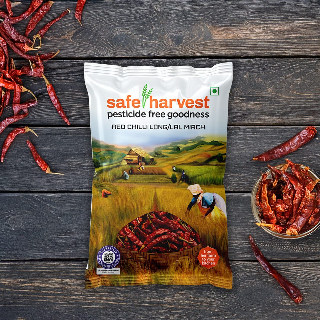 Safe Harvest whole dry red chilli pack — aflatoxin-free, pesticide-free lal mirch, NABL lab tested