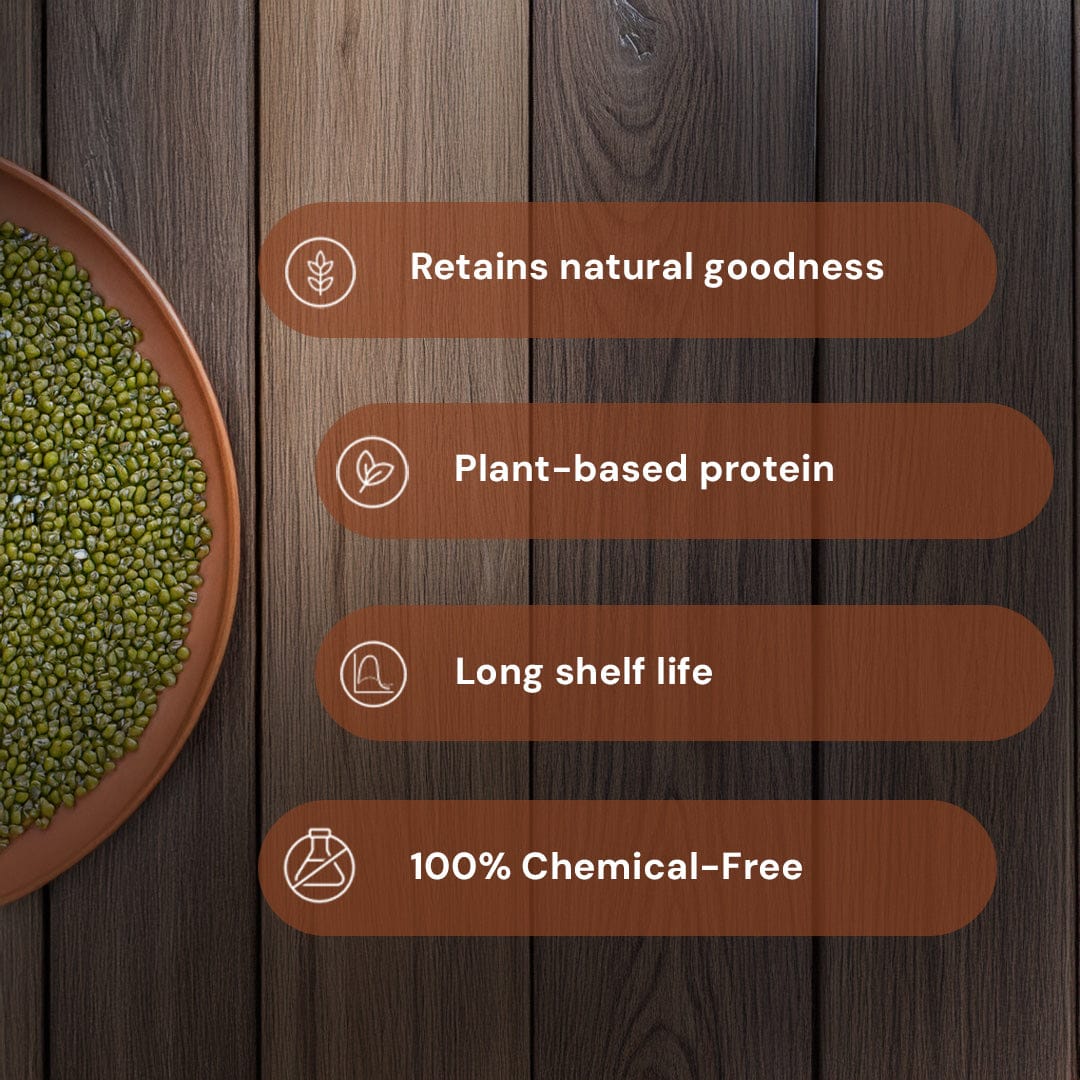 Safe Harvest pesticide-free whole moong retains natural goodness plant-based protein long shelf life 100% chemical-free.