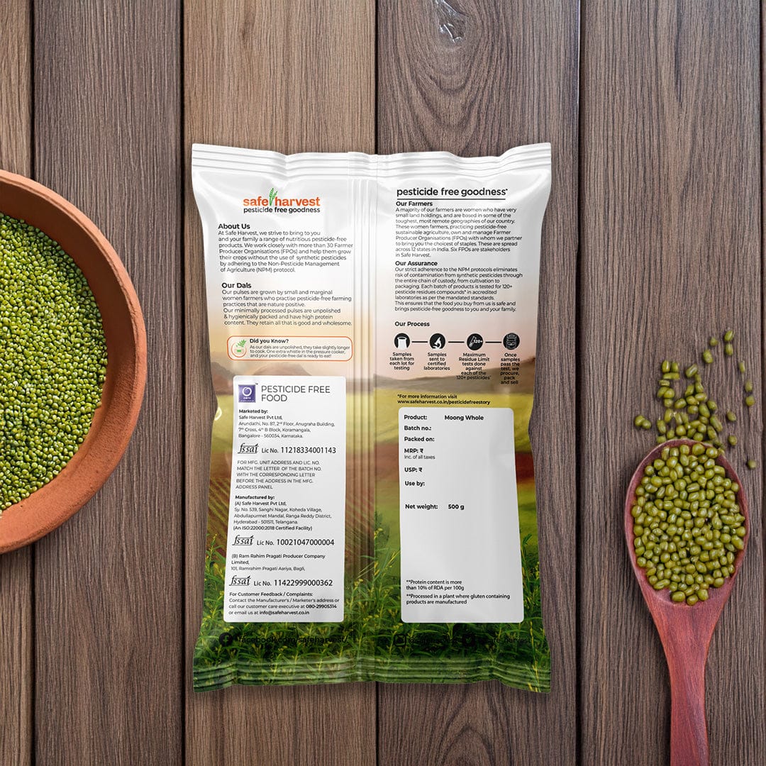 Safe Harvest pesticide-free whole moong sabut moong dal nutrition label and ingredient panel.