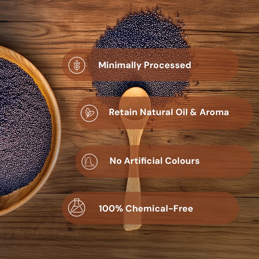 Safe Harvest whole mustard seeds — minimally processed, natural oil retained, no artificial colours