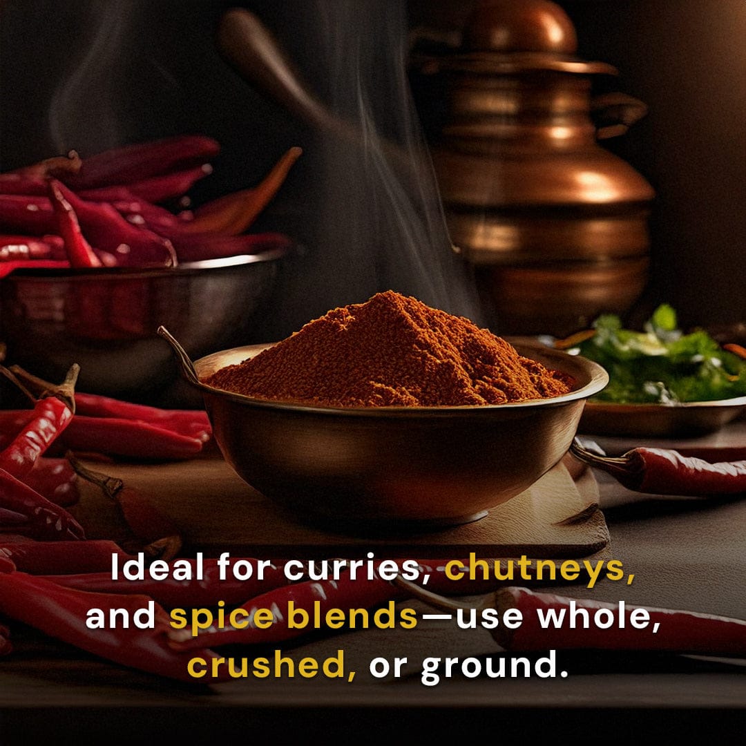 Safe Harvest pesticide-free red chilli ideal for curries, chutneys and spice blends — use whole, crushed or ground.