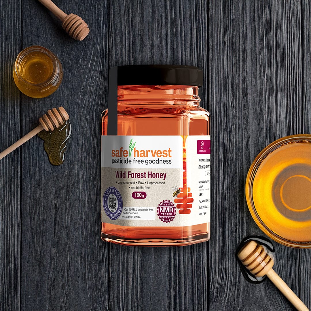 Safe Harvest wild forest honey jar — raw, unprocessed, NMR tested and NABL lab tested pesticide-free honey.