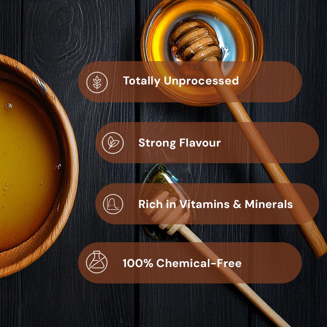 Safe Harvest wild forest honey — totally unprocessed, strong flavour, rich in vitamins and minerals, 100% chemical-free.